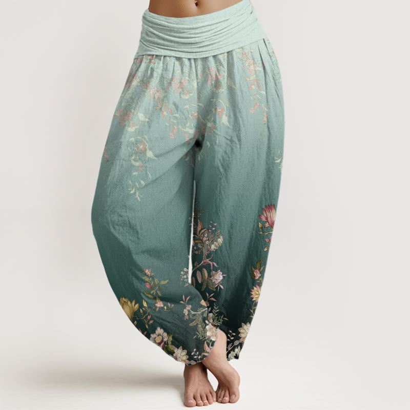 Pantalon sarouel décontracté à taille élastique pour femme, motif floral délicat et dégradé de feuilles, motif Buddha Stones - Vert clair - US22，UK/AU26，EU54 (6XL) - image 1