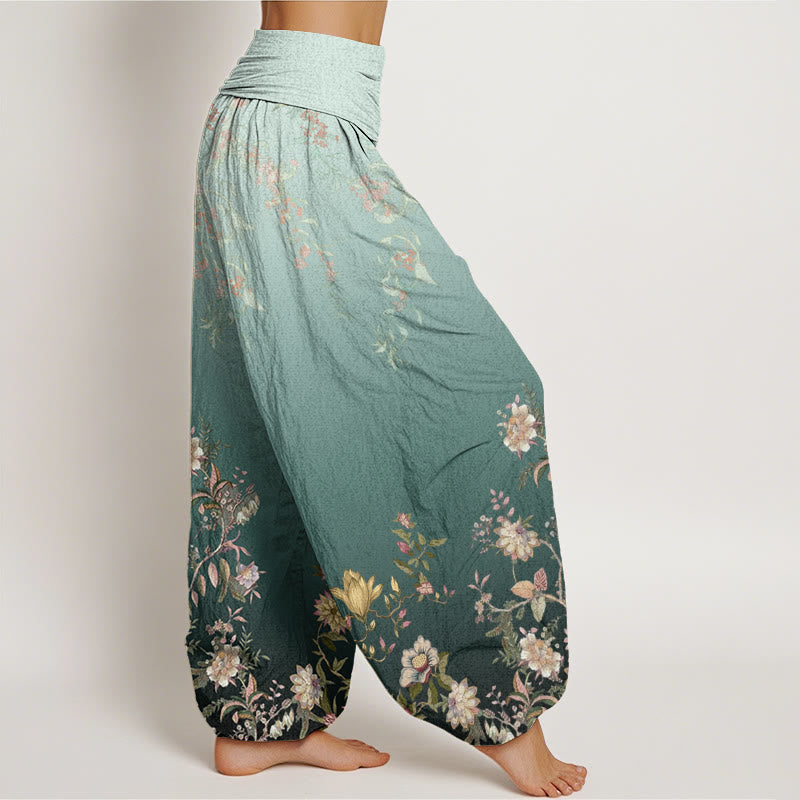 Pantalon sarouel décontracté à taille élastique pour femme, motif floral délicat et dégradé de feuilles, motif Buddha Stones - image 1