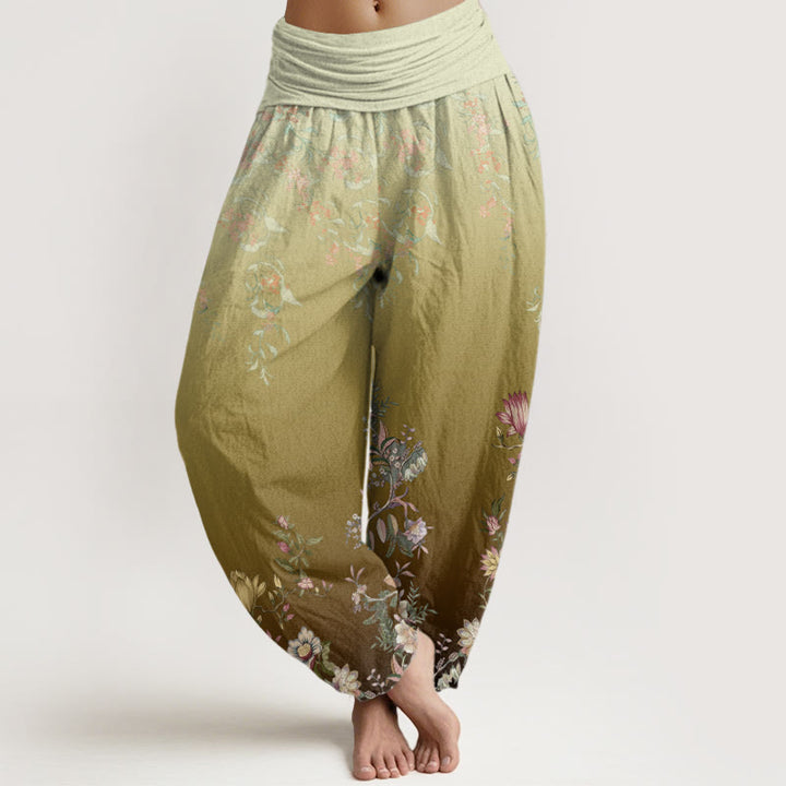 Pantalon sarouel décontracté à taille élastique pour femme, motif floral délicat et dégradé de feuilles, motif Buddha Stones - Kaki foncé - US22，UK/AU26，EU54 (6XL) - image 7