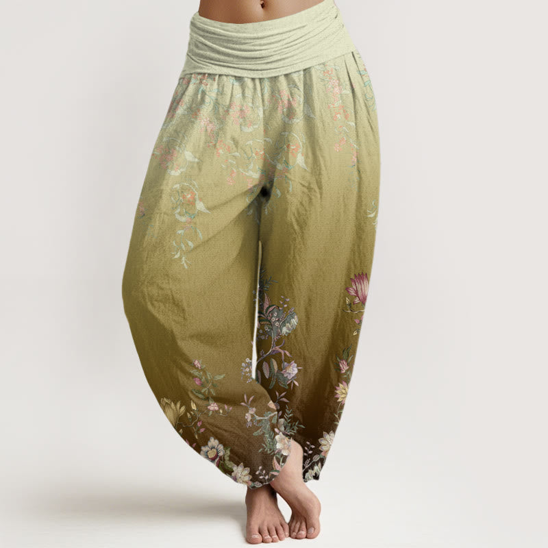 Pantalon sarouel décontracté à taille élastique pour femme, motif floral délicat et dégradé de feuilles, motif Buddha Stones - Kaki foncé - US22，UK/AU26，EU54 (6XL) - image 8