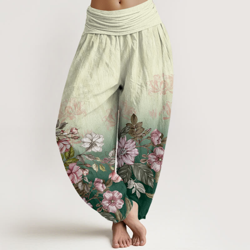 Pantalon sarouel décontracté à taille élastique pour femme, motif feuilles et pétales dégradés, Buddha Stones - Vert - US22，UK/AU26，EU54 (6XL) - image 1