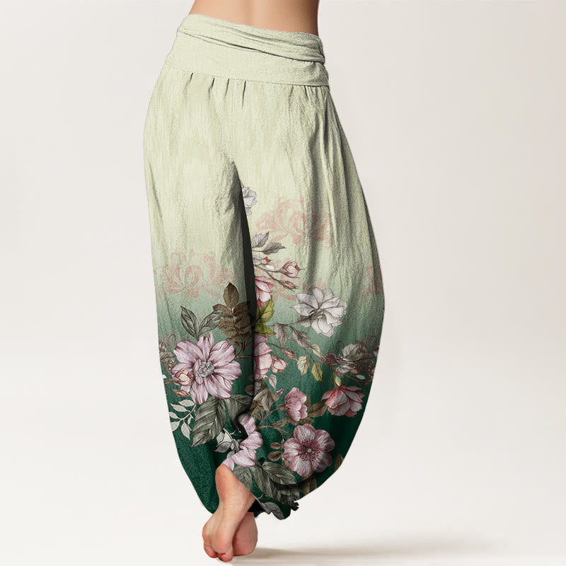 Pantalon harem femme en coton décontracté à motif dégradé de pétales et de feuilles, orné de Buddha Stones et de feuilles. Taille élastique. - image 2