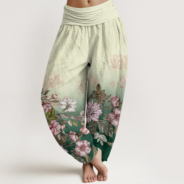 Pantalon harem femme en coton décontracté à motif dégradé de pétales et de feuilles, orné de Buddha Stones et de feuilles. Taille élastique. - Vert - US22，UK/AU26，EU54 (6XL) - image 0