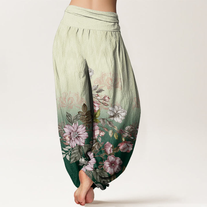 Pantalon sarouel décontracté à taille élastique pour femme, motif feuilles et pétales dégradés, Buddha Stones - image 3