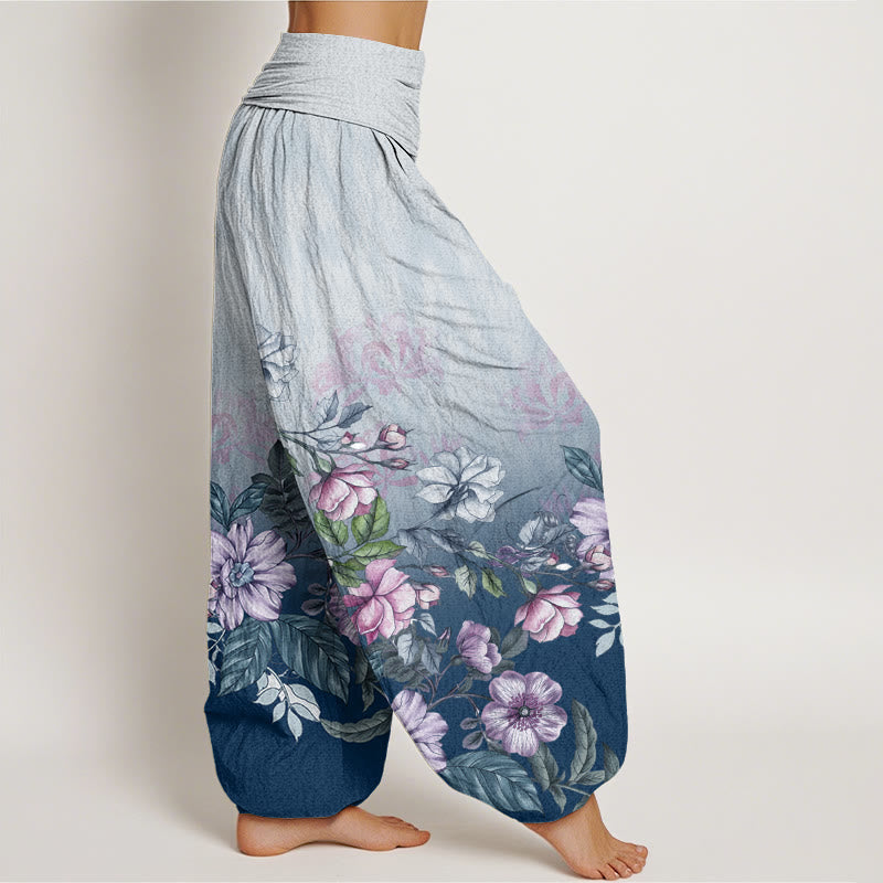Pantalon harem femme en coton décontracté à motif dégradé de pétales et de feuilles, orné de Buddha Stones et de feuilles. Taille élastique. - image 5