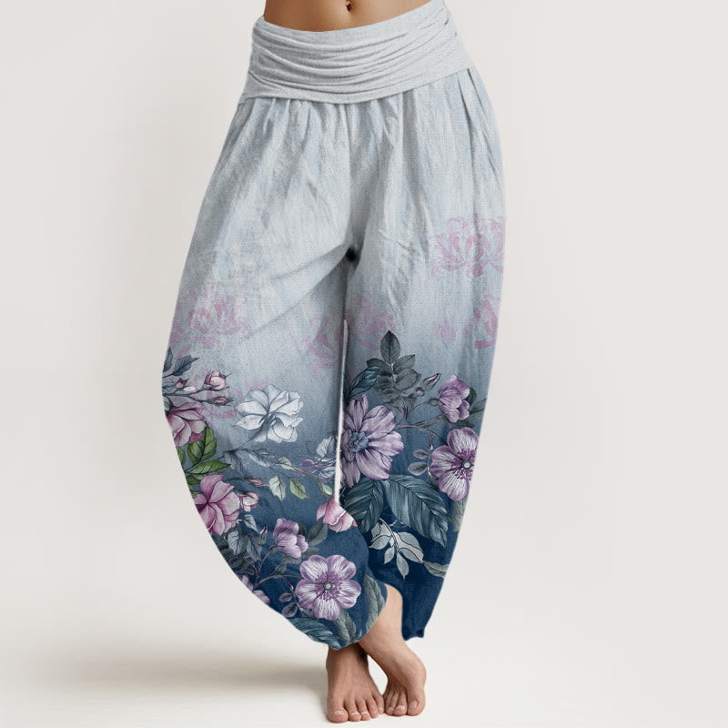 Pantalon harem femme en coton décontracté à motif dégradé de pétales et de feuilles, orné de Buddha Stones et de feuilles. Taille élastique. - Bleu ciel clair - US22，UK/AU26，EU54 (6XL) - image 4