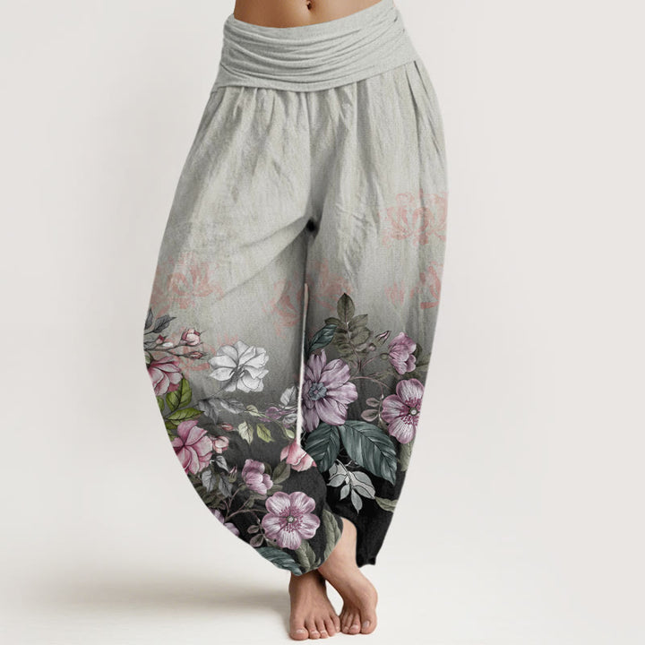Pantalon sarouel décontracté à taille élastique pour femme, motif feuilles et pétales dégradés, Buddha Stones - Gris foncé - US22，UK/AU26，EU54 (6XL) - image 8