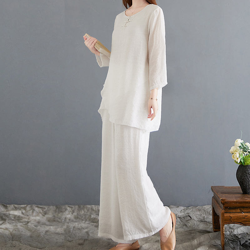 Ensemble 2 Buddha Stones beige avec boutons en forme de grenouille chinoise, chemise à manches longues, pantalon, méditation, zen, tai-chi, coton et lin pour femme