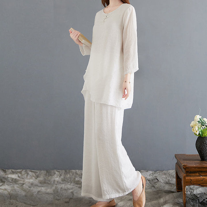 Ensemble 2 Buddha Stones beige avec boutons en forme de grenouille chinoise, chemise à manches longues, pantalon, méditation, zen, tai-chi, coton et lin pour femme