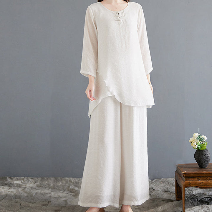 Ensemble 2 Buddha Stones beige avec boutons en forme de grenouille chinoise, chemise à manches longues, pantalon, méditation, zen, tai-chi, coton et lin pour femme