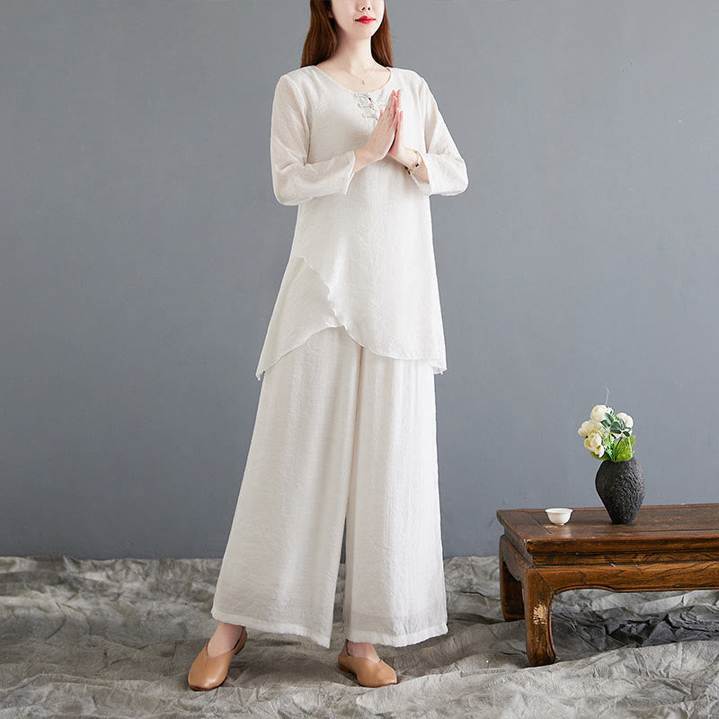Ensemble 2 Buddha Stones beige avec boutons en forme de grenouille chinoise, chemise à manches longues, pantalon, méditation, zen, tai-chi, coton et lin pour femme