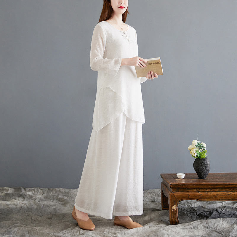 Ensemble 2 Buddha Stones beige avec boutons en forme de grenouille chinoise, chemise à manches longues, pantalon, méditation, zen, tai-chi, coton et lin pour femme