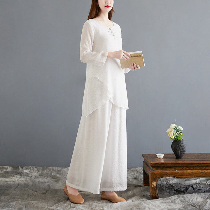 Ensemble 2 Buddha Stones beige avec boutons en forme de grenouille chinoise, chemise à manches longues, pantalon, méditation, zen, tai-chi, coton et lin pour femme