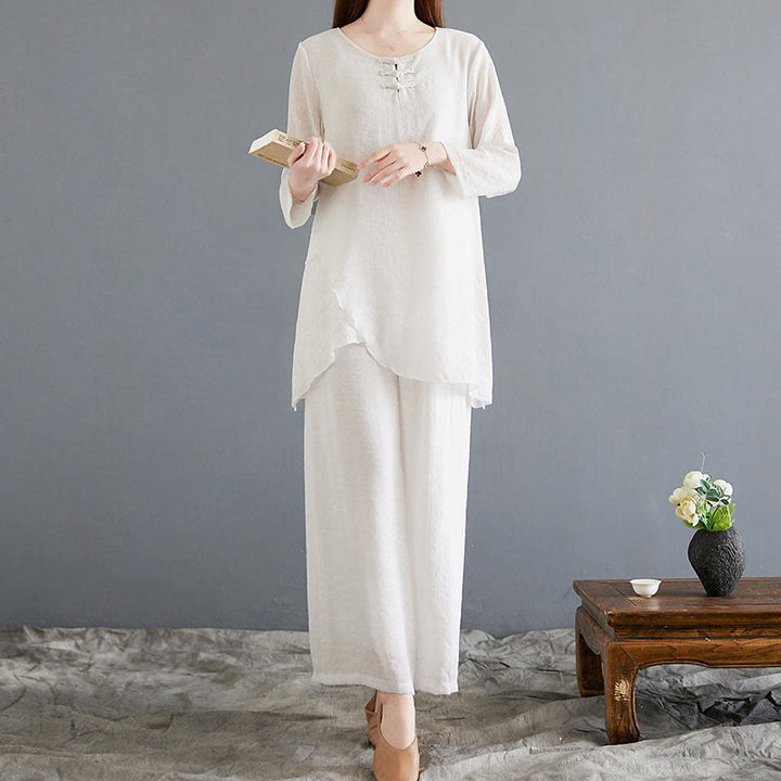 Ensemble 2 Buddha Stones beige avec boutons en forme de grenouille chinoise, chemise à manches longues, pantalon, méditation, zen, tai-chi, coton et lin pour femme