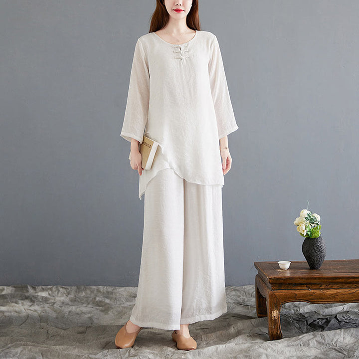 Ensemble 2 Buddha Stones beige avec boutons en forme de grenouille chinoise, chemise à manches longues, pantalon, méditation, zen, tai-chi, coton et lin pour femme