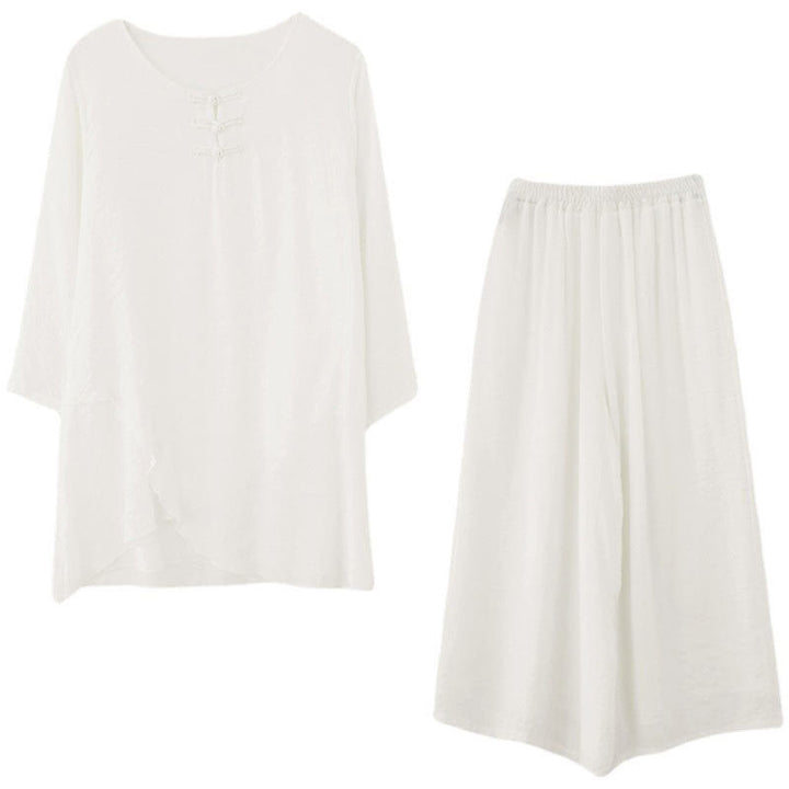 Ensemble 2 Buddha Stones beige avec boutons en forme de grenouille chinoise, chemise à manches longues, pantalon, méditation, zen, tai-chi, coton et lin pour femme