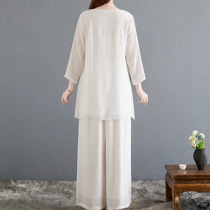 Ensemble 2 Buddha Stones beige avec boutons en forme de grenouille chinoise, chemise à manches longues, pantalon, méditation, zen, tai-chi, coton et lin pour femme