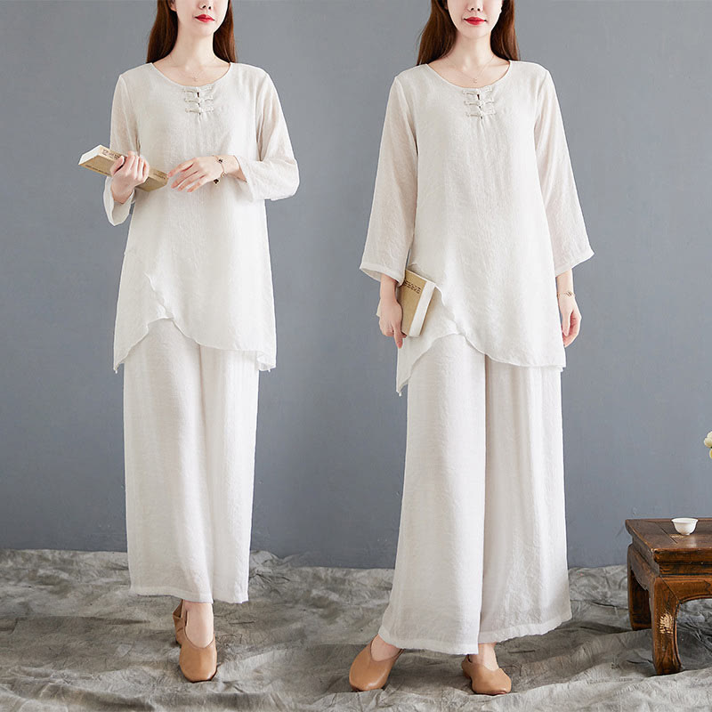 Ensemble 2 Buddha Stones beige avec boutons en forme de grenouille chinoise, chemise à manches longues, pantalon, méditation, zen, tai-chi, coton et lin pour femme