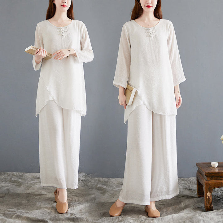 Ensemble 2 Buddha Stones beige avec boutons en forme de grenouille chinoise, chemise à manches longues, pantalon, méditation, zen, tai-chi, coton et lin pour femme