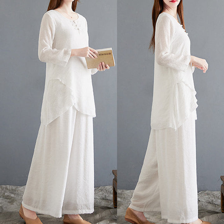 Ensemble 2 Buddha Stones beige avec boutons en forme de grenouille chinoise, chemise à manches longues, pantalon, méditation, zen, tai-chi, coton et lin pour femme