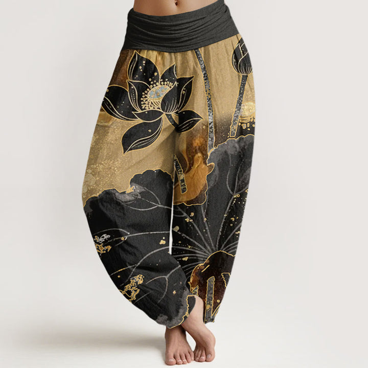 Pantalon sarouel décontracté à taille élastique pour femme avec motif pétales de lotus et Buddha Stones - Noir - US22，UK/AU26，EU54 (6XL) - image 0