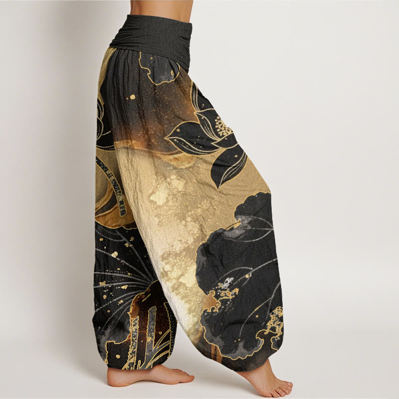 Pantalon harem à taille élastique pour femme, en coton à motif pétales de lotus et Buddha Stones - image 1