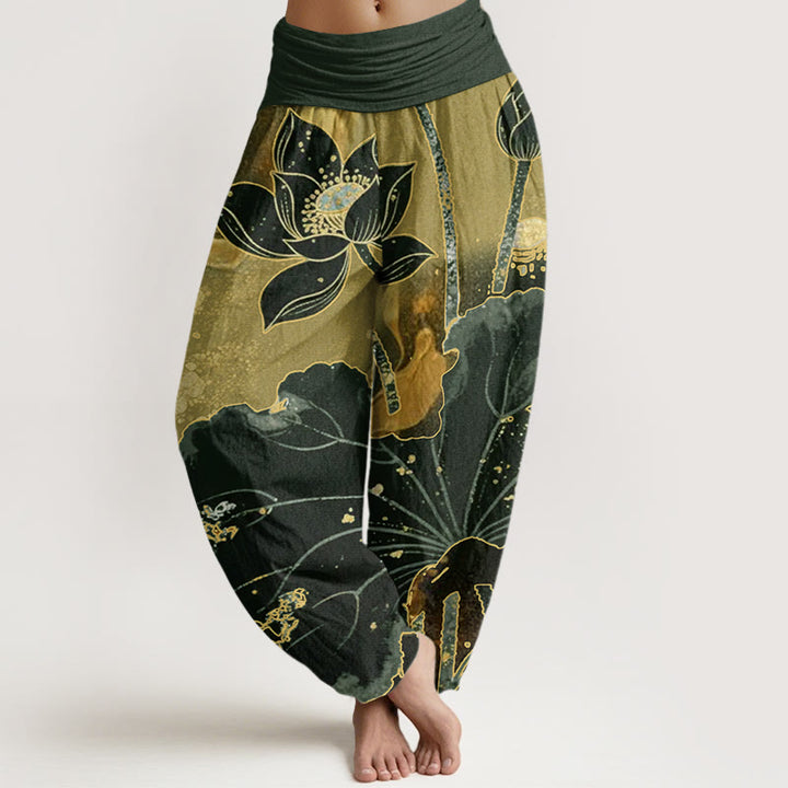 Pantalon sarouel décontracté à taille élastique pour femme avec motif pétales de lotus et Buddha Stones - Vert olive foncé - US22，UK/AU26，EU54 (6XL) - image 4
