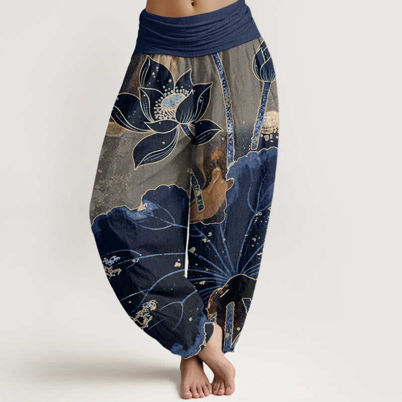 Pantalon sarouel décontracté à taille élastique pour femme avec motif pétales de lotus et Buddha Stones - Marine - US22，UK/AU26，EU54 (6XL) - image 8