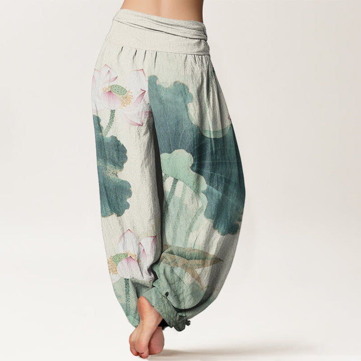 Pantalon harem à taille élastique pour femme, en coton décontracté à motif de pétales de lotus et Buddha Stones - image 2