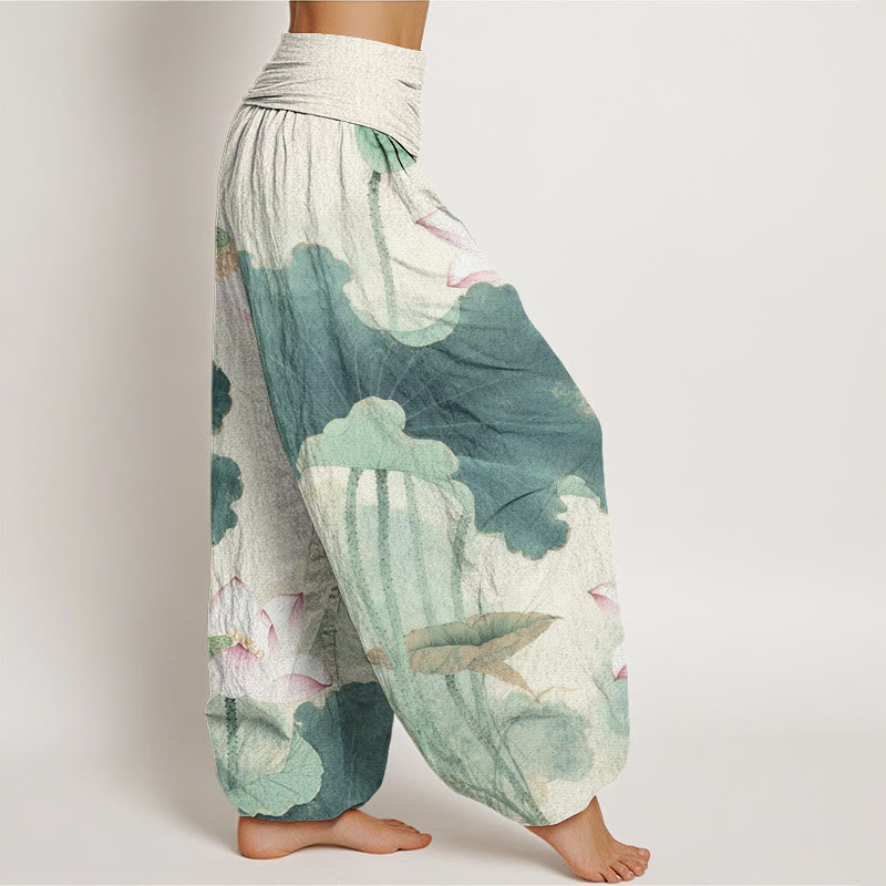 Pantalon harem à taille élastique pour femme, en coton décontracté à motif de pétales de lotus et Buddha Stones - image 1
