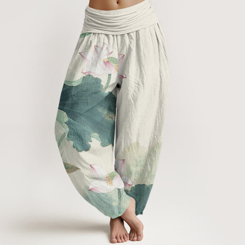 Pantalon harem à taille élastique pour femme, en coton décontracté à motif de pétales de lotus et Buddha Stones - Aigue-marine moyenne - US22，UK/AU26，EU54 (6XL) - image 0