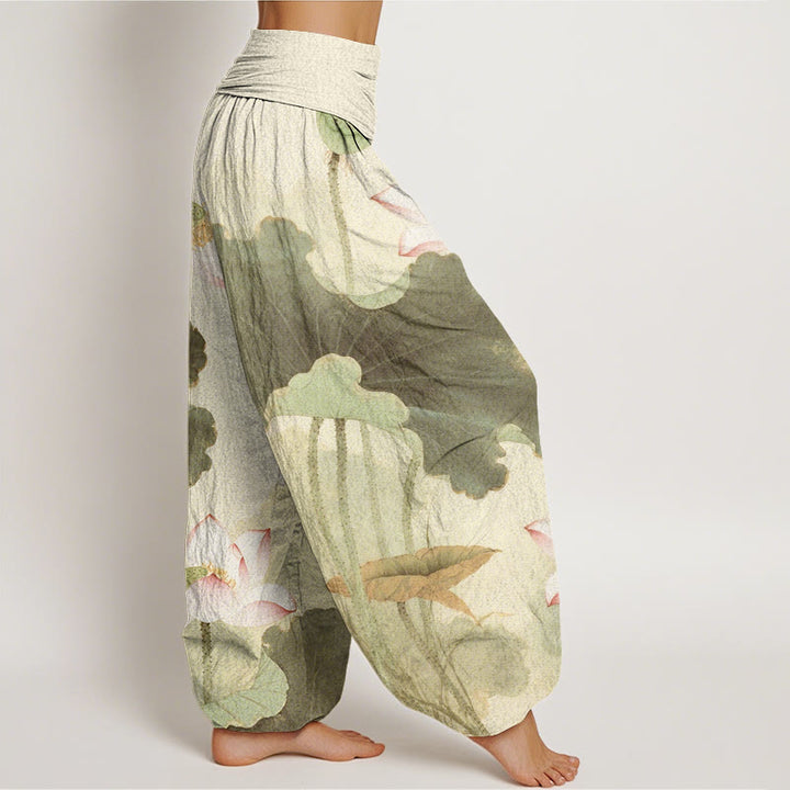 Pantalon harem à taille élastique pour femme, en coton décontracté à motif de pétales de lotus et Buddha Stones - image 5