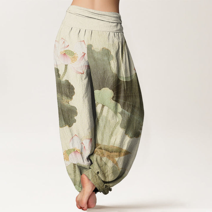Pantalon harem à taille élastique pour femme, en coton décontracté à motif de pétales de lotus et Buddha Stones - image 6