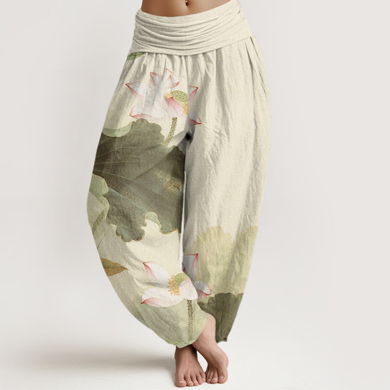 Pantalon harem à taille élastique pour femme, en coton décontracté à motif de pétales de lotus et Buddha Stones - Beige - US22，UK/AU26，EU54 (6XL) - image 4