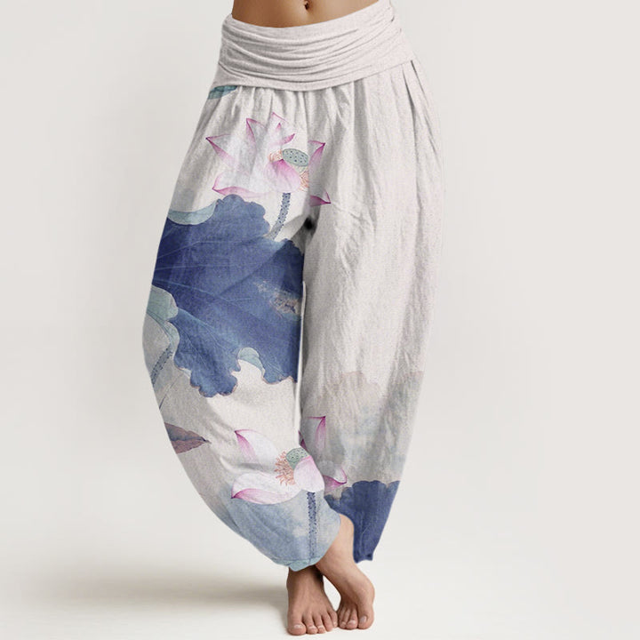 Pantalon harem à taille élastique pour femme, en coton décontracté à motif de pétales de lotus et Buddha Stones - Bleu royal - US22，UK/AU26，EU54 (6XL) - image 7