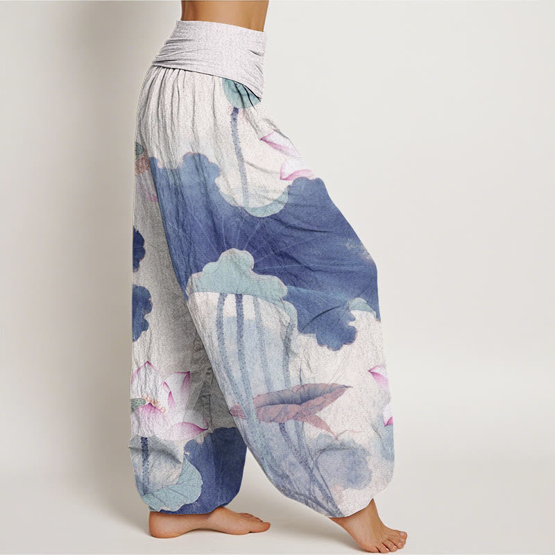Pantalon harem à taille élastique pour femme, en coton décontracté à motif de pétales de lotus et Buddha Stones - image 8