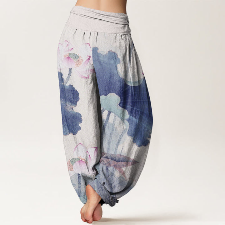 Pantalon harem à taille élastique pour femme, en coton décontracté à motif de pétales de lotus et Buddha Stones - image 9