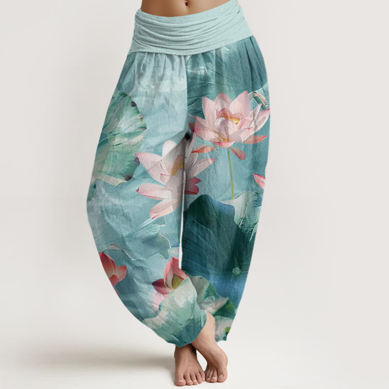 Pantalon sarouel décontracté à taille élastique pour femme, motif pétales de lotus et Buddha Stones - Turquoise pâle - US22，UK/AU26，EU54 (6XL) - image 0