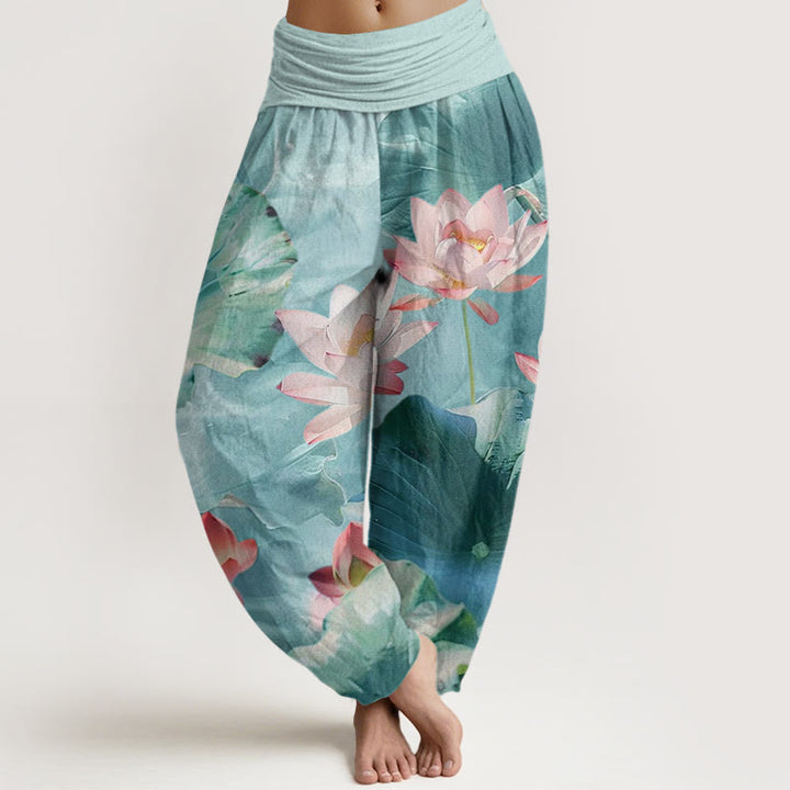 Pantalon sarouel décontracté à taille élastique pour femme, motif pétales de lotus et Buddha Stones - Turquoise pâle - US22，UK/AU26，EU54 (6XL) - image 0