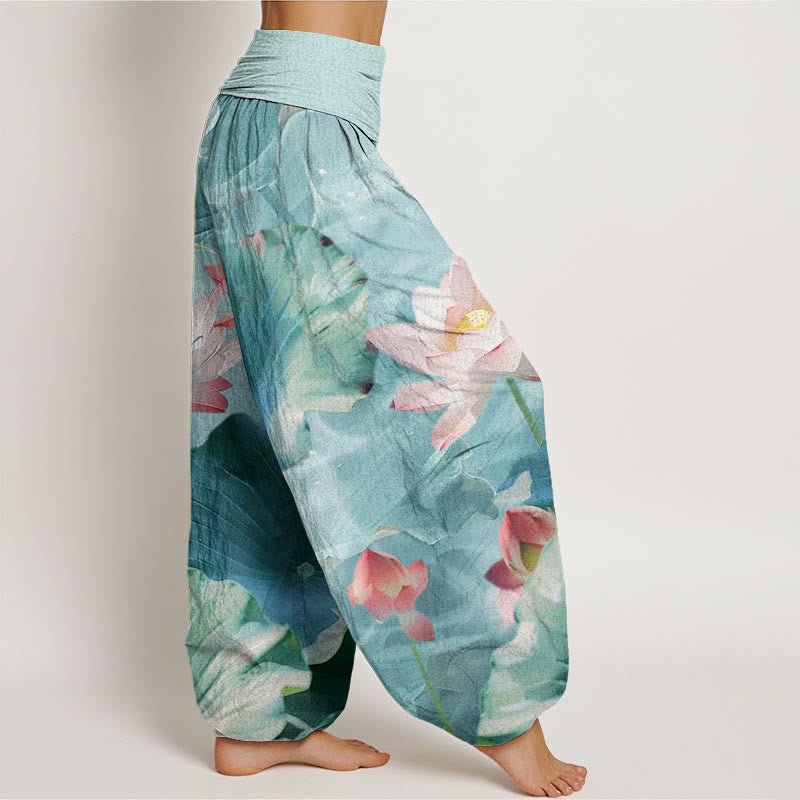 Pantalon harem à taille élastique pour femme, en coton décontracté, motif pétales de lotus et Buddha Stones - image 1