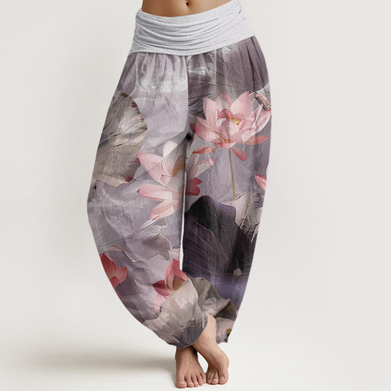 Pantalon harem à taille élastique pour femme, en coton décontracté, motif pétales de lotus et Buddha Stones - Chardon - US22，UK/AU26，EU54 (6XL) - image 4