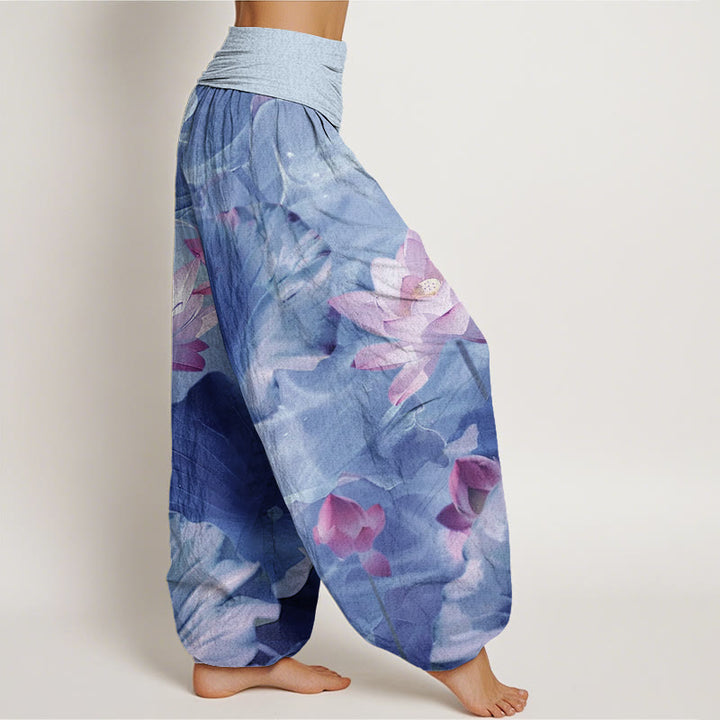 Pantalon harem à taille élastique pour femme, en coton décontracté, motif pétales de lotus et Buddha Stones - image 9