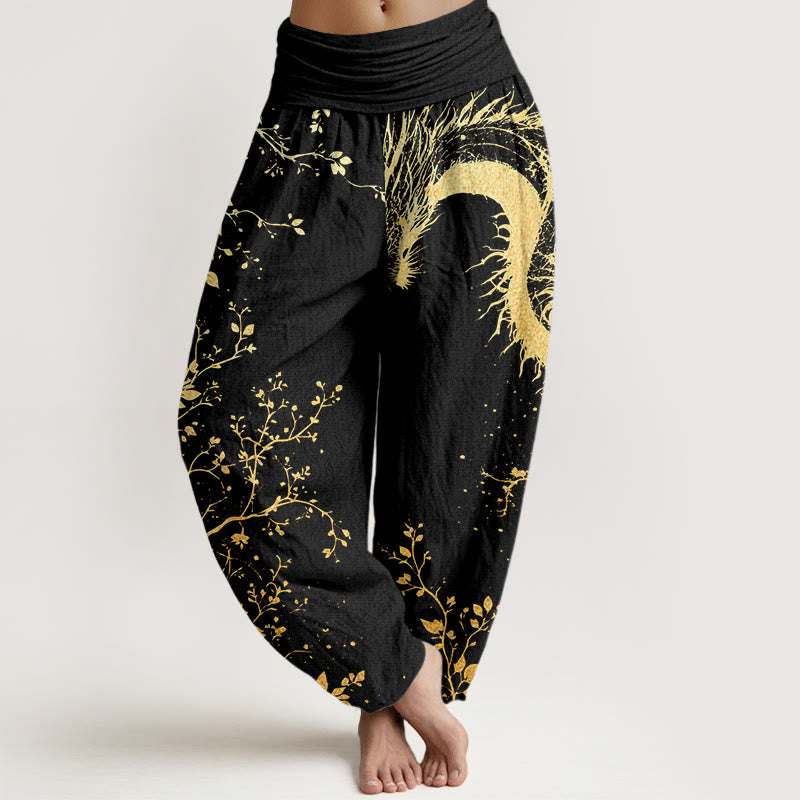 Pantalon harem femme en coton décontracté à motif de dragon, fleur et feuille, taille élastique, orné de Buddha Stones - Noir - US22，UK/AU26，EU54 (6XL) - image 0