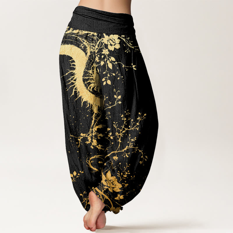 Pantalon harem femme en coton décontracté à motif de dragon, fleur et feuille, taille élastique, orné de Buddha Stones - image 2