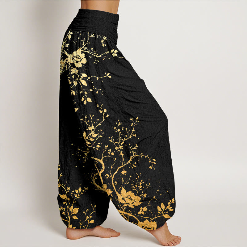 Pantalon harem femme en coton décontracté à motif de dragon, fleur et feuille, taille élastique, orné de Buddha Stones - image 1