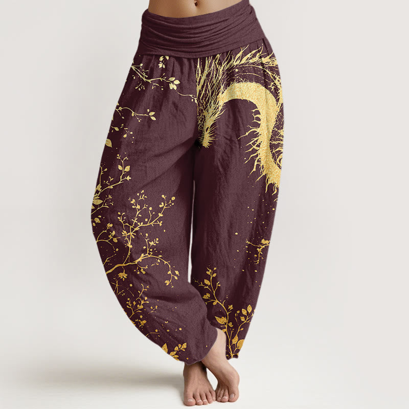 Pantalon harem femme en coton décontracté à motif de dragon, fleur et feuille, taille élastique, orné de Buddha Stones - Bordeaux - US22，UK/AU26，EU54 (6XL) - image 4