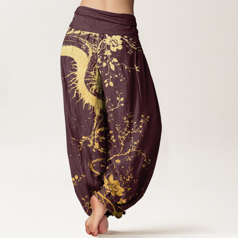 Pantalon harem femme en coton décontracté à motif de dragon, fleur et feuille, taille élastique, orné de Buddha Stones - image 6