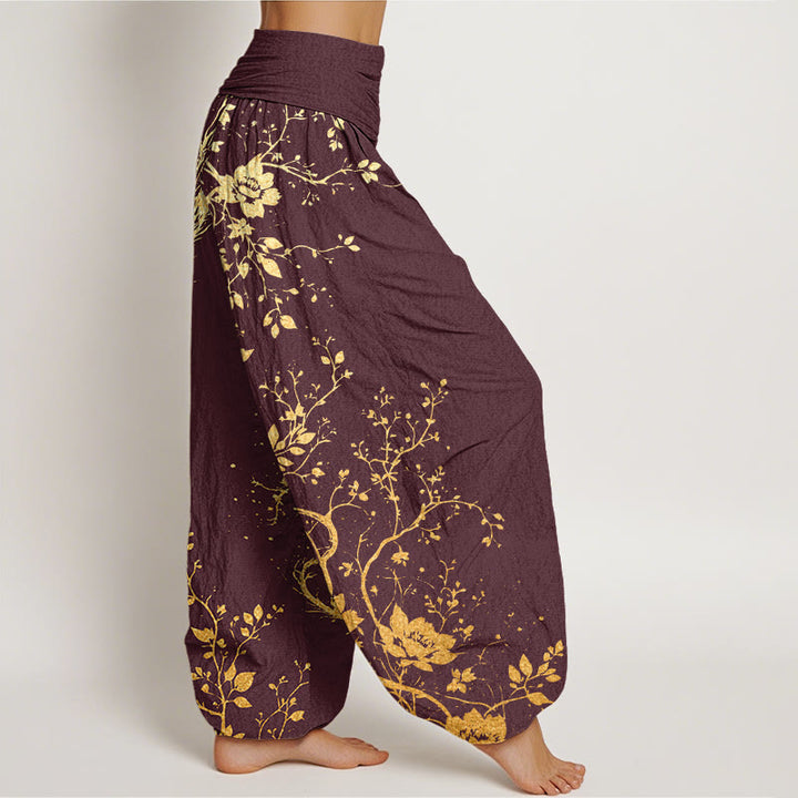 Pantalon harem femme en coton décontracté à motif de dragon, fleur et feuille, taille élastique, orné de Buddha Stones - image 5