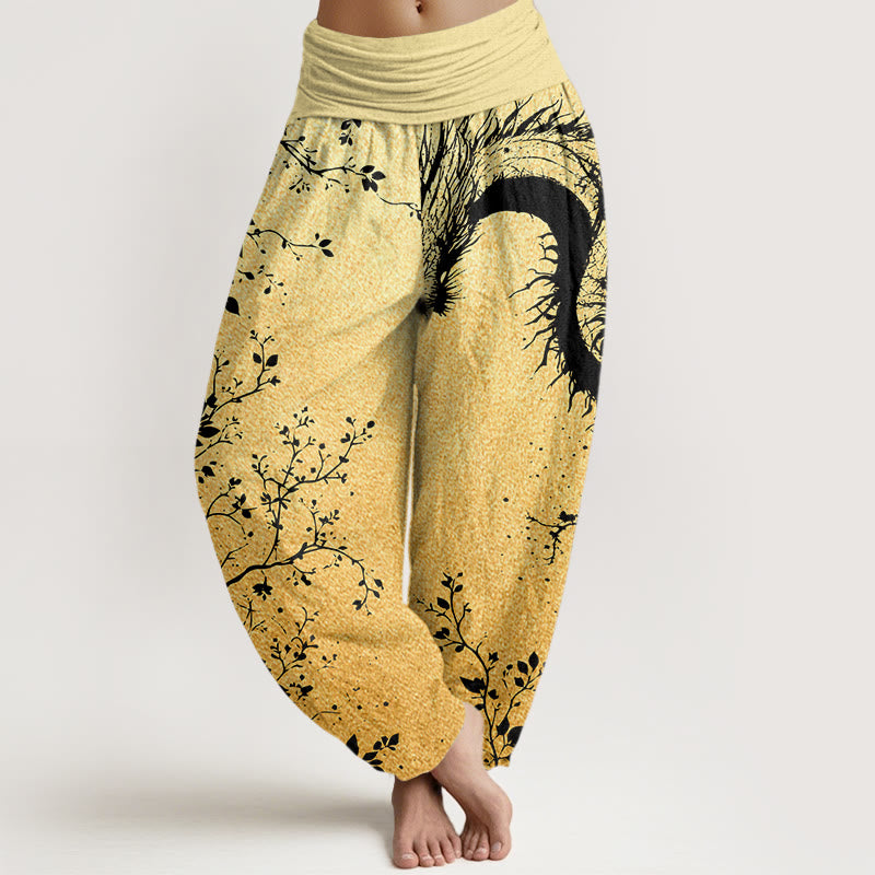 Pantalon harem femme en coton décontracté à motif de dragon, fleur et feuille, taille élastique, orné de Buddha Stones - Kaki - US22，UK/AU26，EU54 (6XL) - image 7