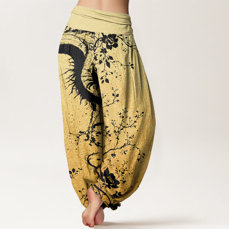Pantalon harem femme en coton décontracté à motif de dragon, fleur et feuille, taille élastique, orné de Buddha Stones - image 9